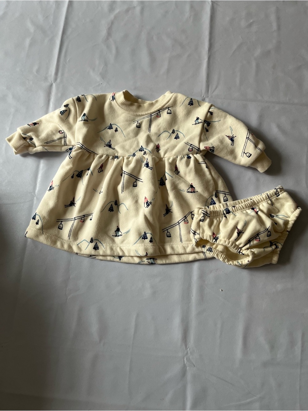 Cream Ski-Print Long Sleeve Baby Dress with Bloomers